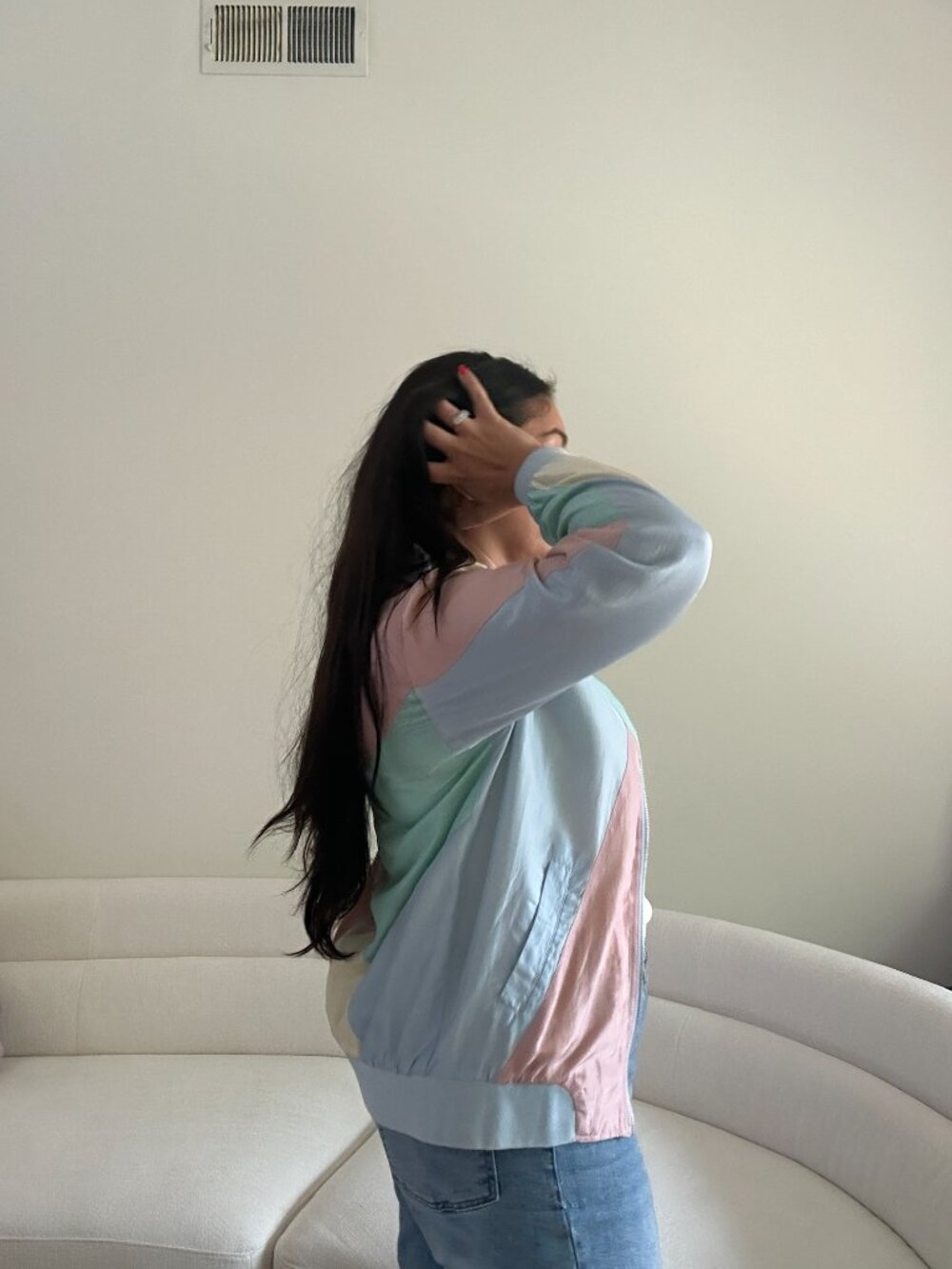 Vintage 80s Blair 100% Silk Pastel Color Block Bomber Jacket Oversized Small - Picture 14 of 14